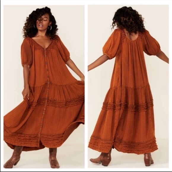Free People Sunday Stroll Maxi Dress smocked oversized Small Burnt Clay Combo - Picture 14 of 14